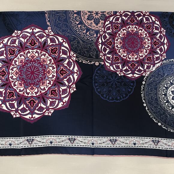 EMILYA Silk Scarf Geometric Floral Rolled Hem Navy Blue Purple NWT 40x41” - Picture 3 of 13